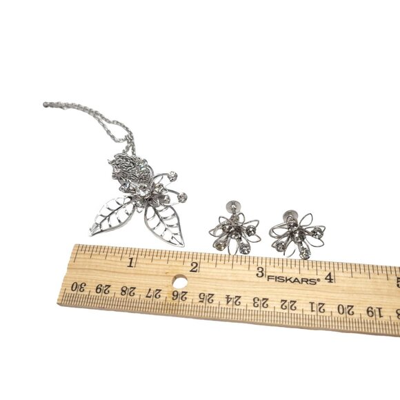 Vtg Signed B N Rhinestone Flower Leaf Necklace Earrings Set Demiparure Brooch Pe - Picture 13 of 16